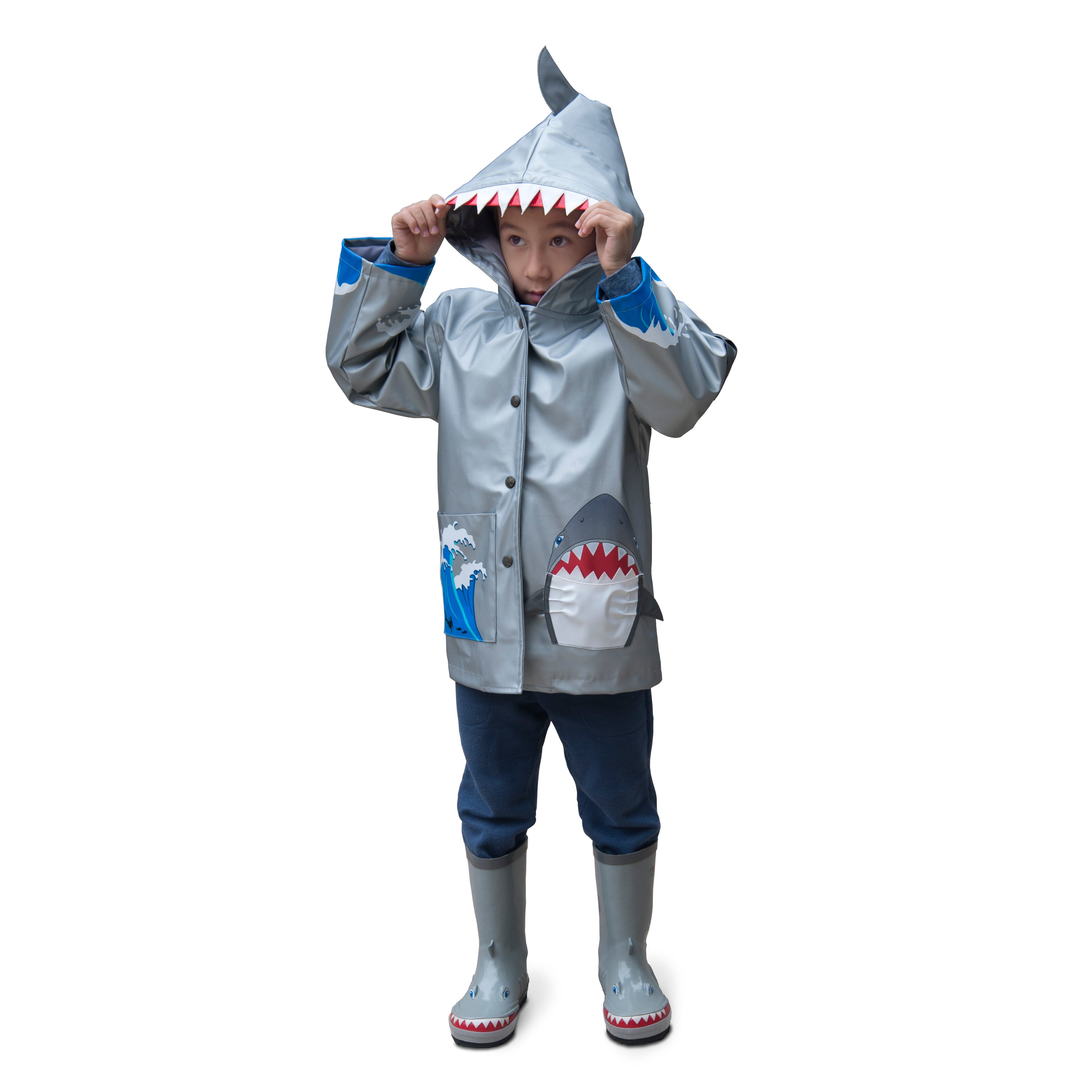 Kidorable Shark Rain Boots featuring playful shark design with teeth and fins, perfect for kids' outdoor adventures.