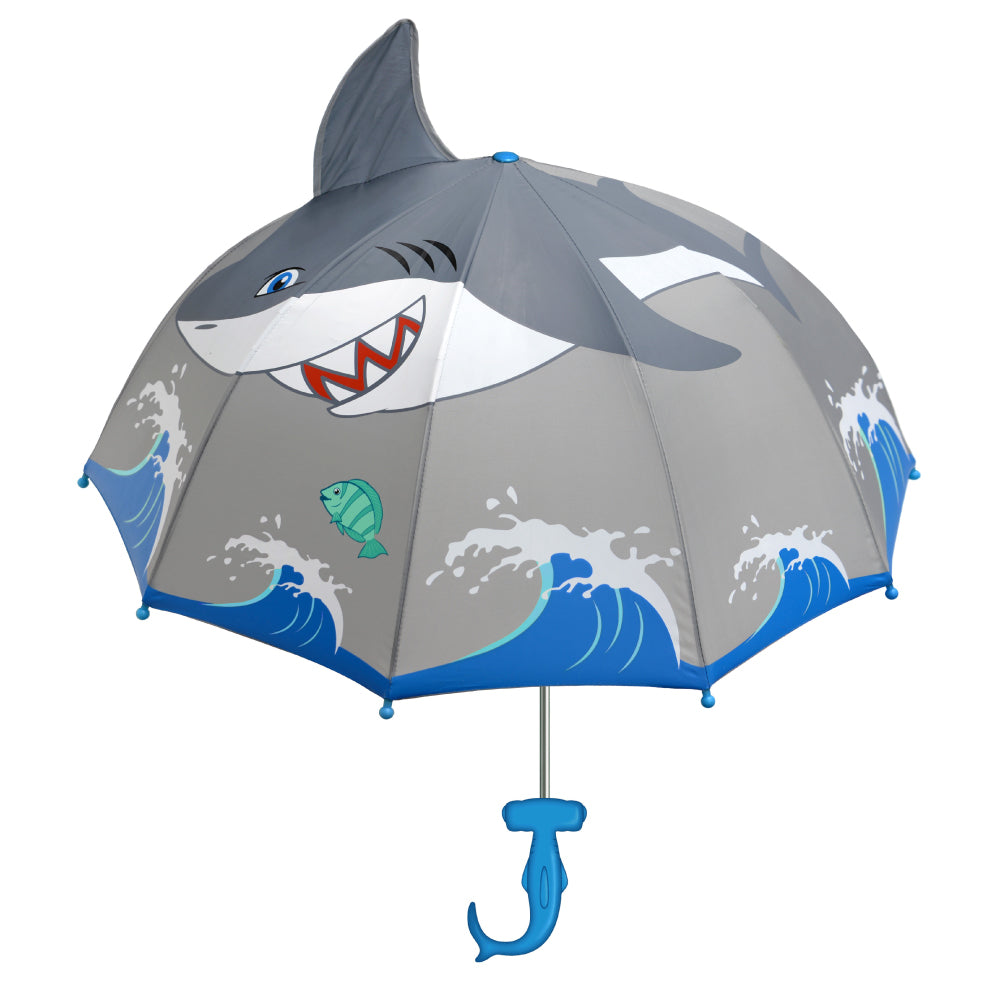 Kidorable Shark Umbrella featuring a Hammerhead handle and 3-D Shark fin, designed for children.