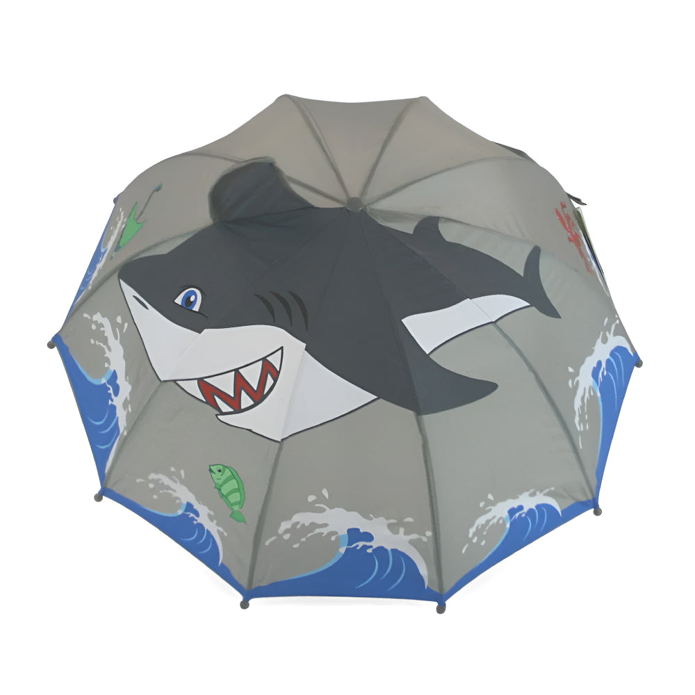 Kidorable Shark Umbrella featuring a Hammerhead handle and 3-D Shark fin, designed for children.