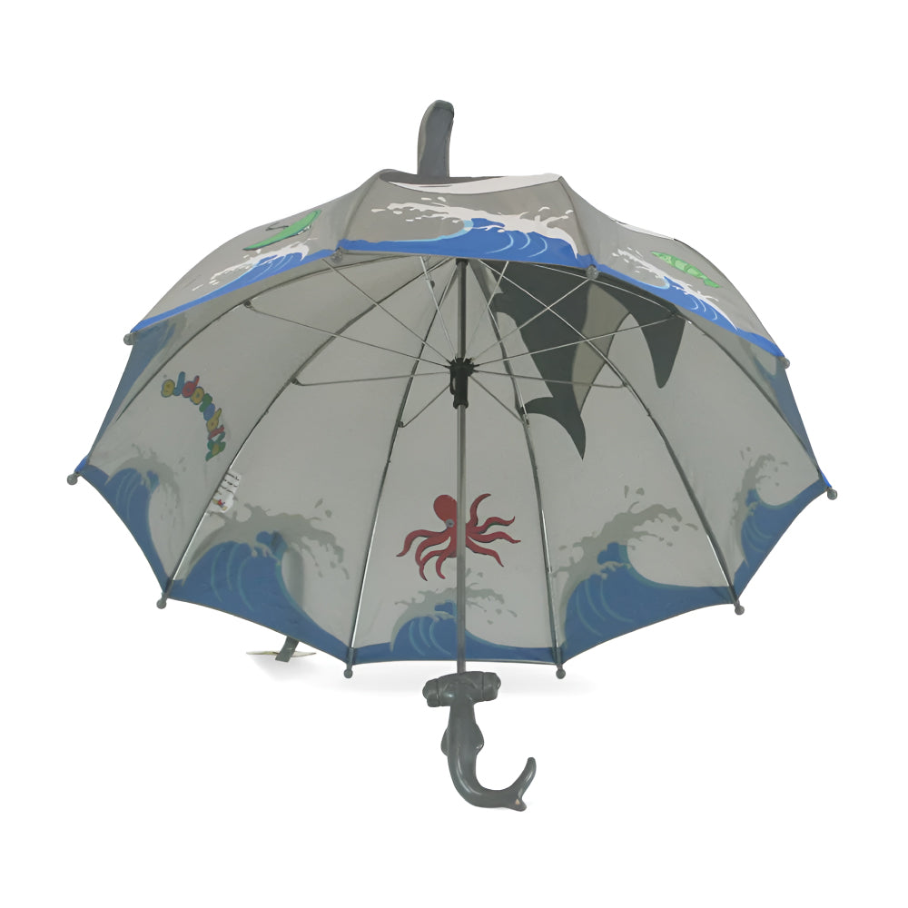 Kidorable Shark Umbrella featuring a Hammerhead handle and 3-D Shark fin, designed for children.