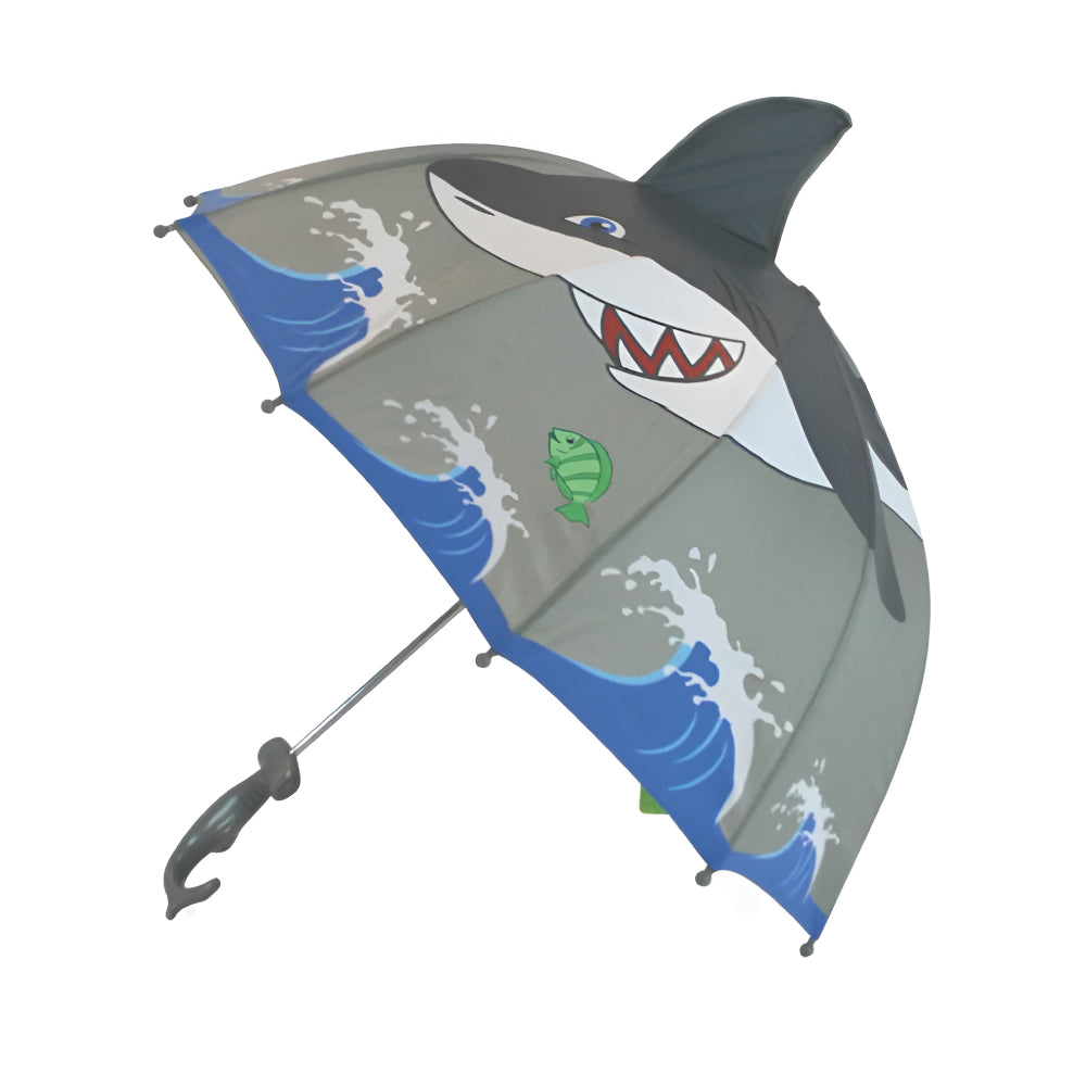 Kidorable Shark Umbrella featuring a Hammerhead handle and 3-D Shark fin, designed for children.
