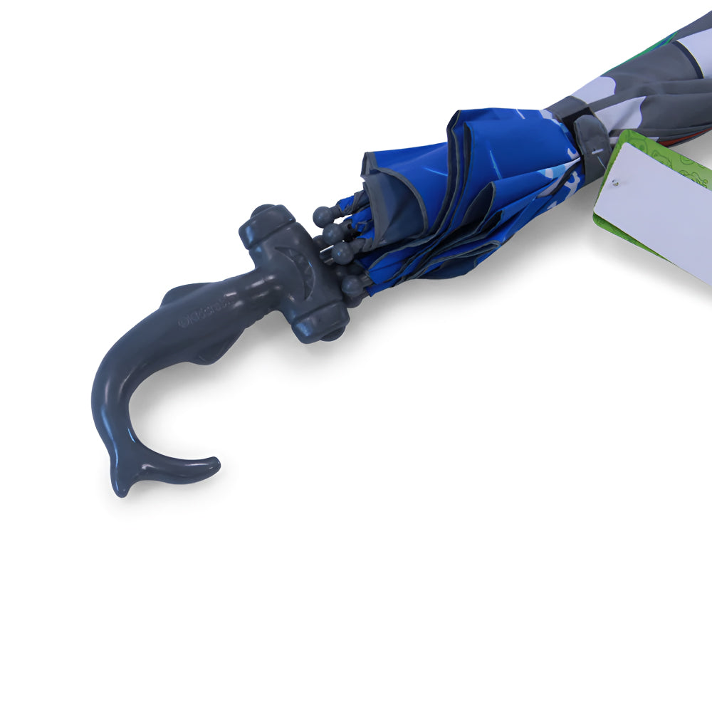 Kidorable Shark Umbrella featuring a Hammerhead handle and 3-D Shark fin, designed for children.