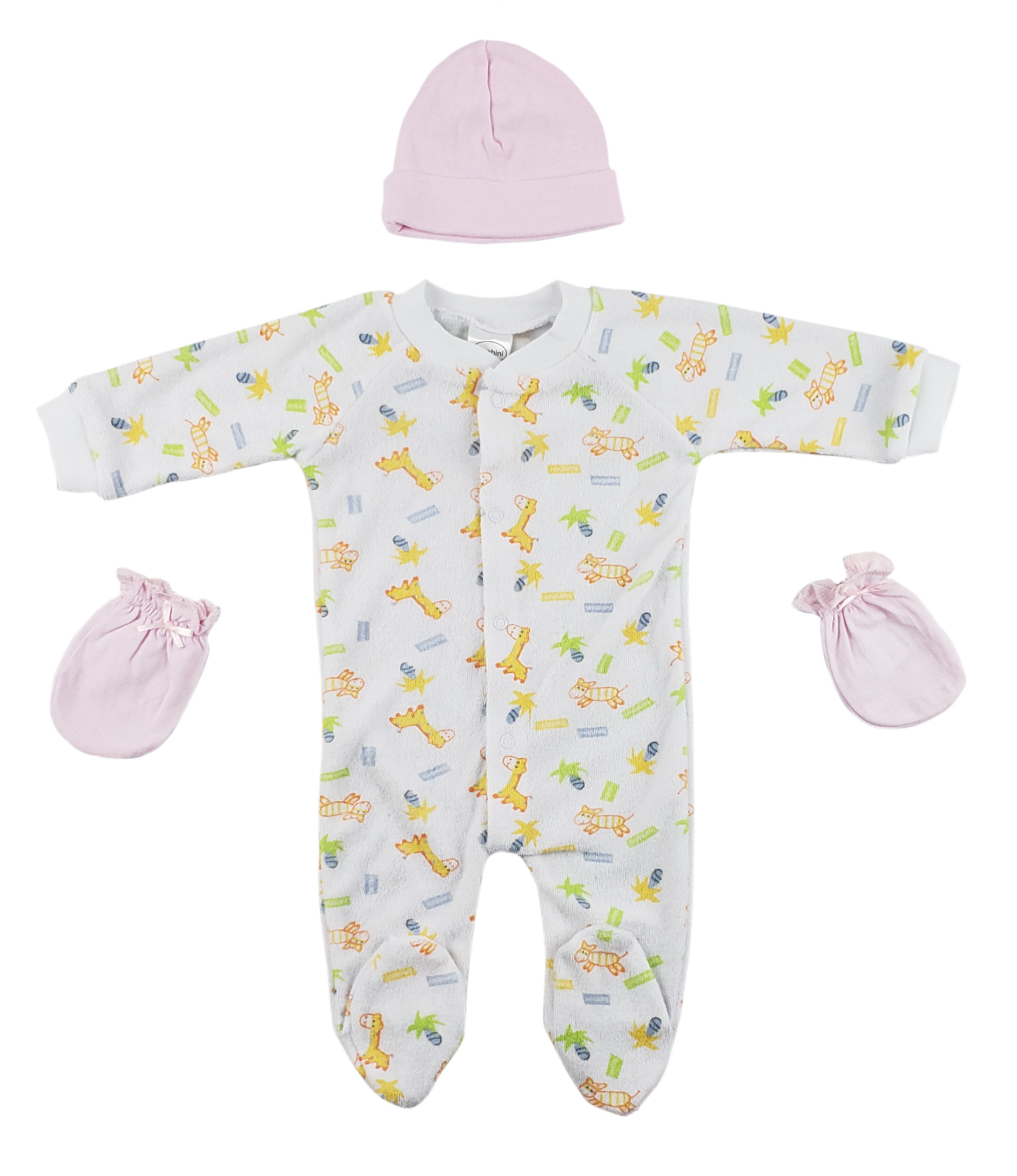 A cozy 3-piece set for newborns including a terry Sleep 'n Play, a pink baby cap, and pink infant mittens, all made from soft cotton.