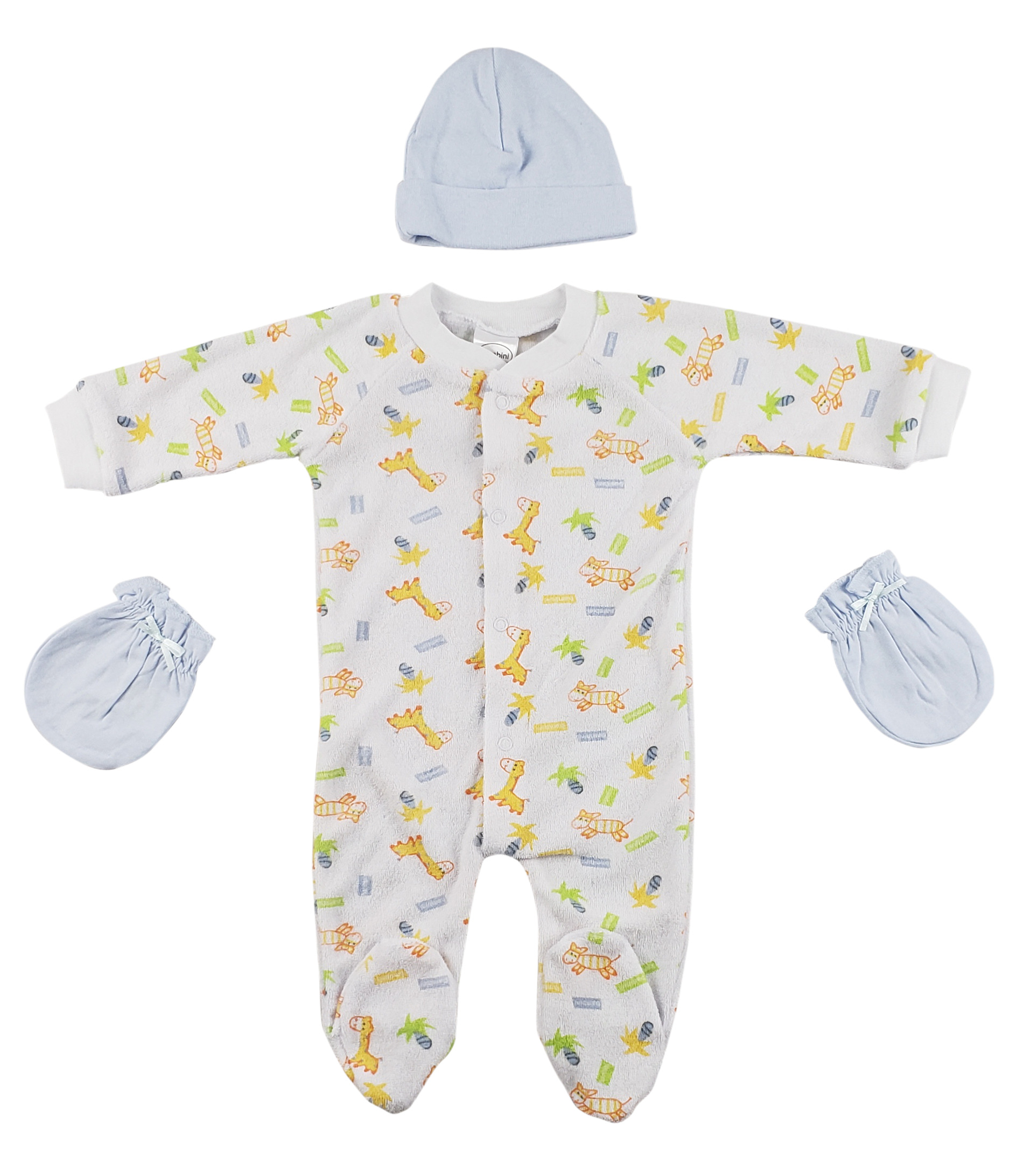 A cozy 3-piece baby set including a terry sleep 'n play, a blue cap, and blue mittens, all made from soft cotton for newborns.