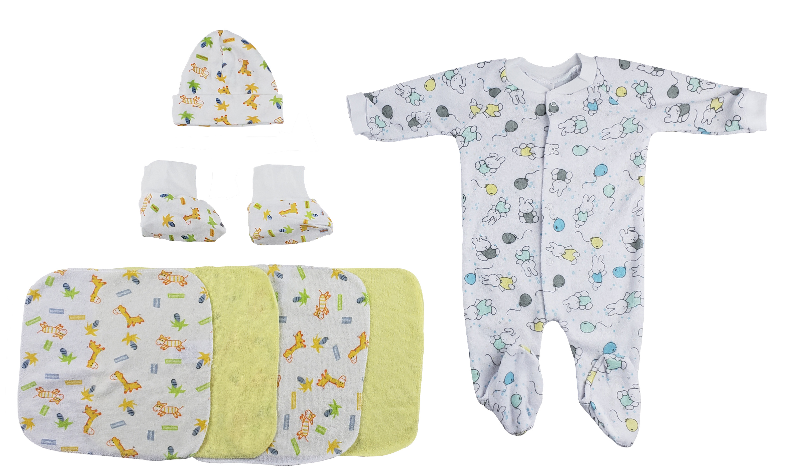 A cozy 7-piece baby set including a cap, booties, and washcloths, all made from soft cotton for newborn comfort.