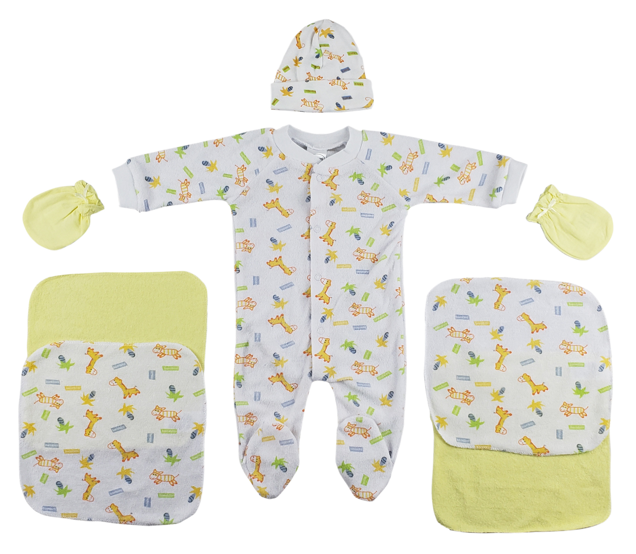 A 7-piece baby set including a terry Sleep 'n Play, a printed cap, yellow mittens, and four washcloths, all made from soft cotton.