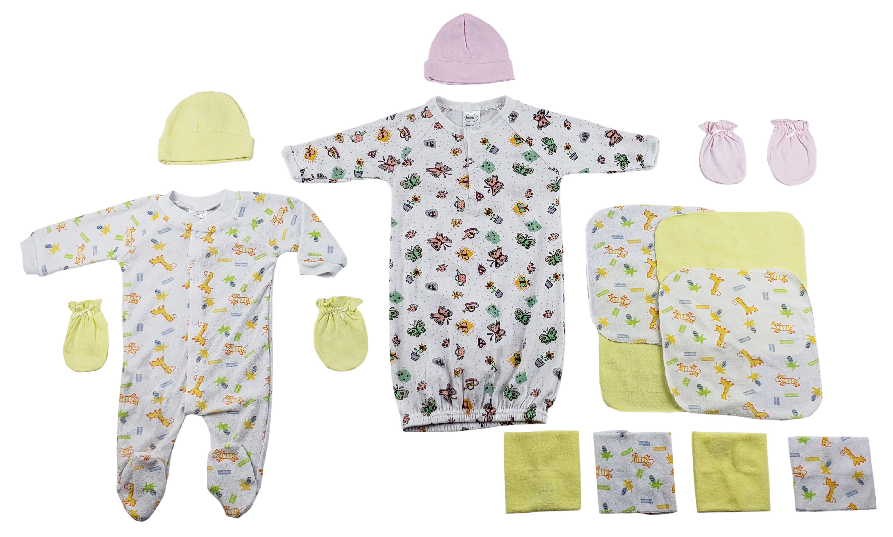 14-piece newborn clothing set including sleep-n-play, gowns, caps, mittens, and washcloths in soft cotton fabric.