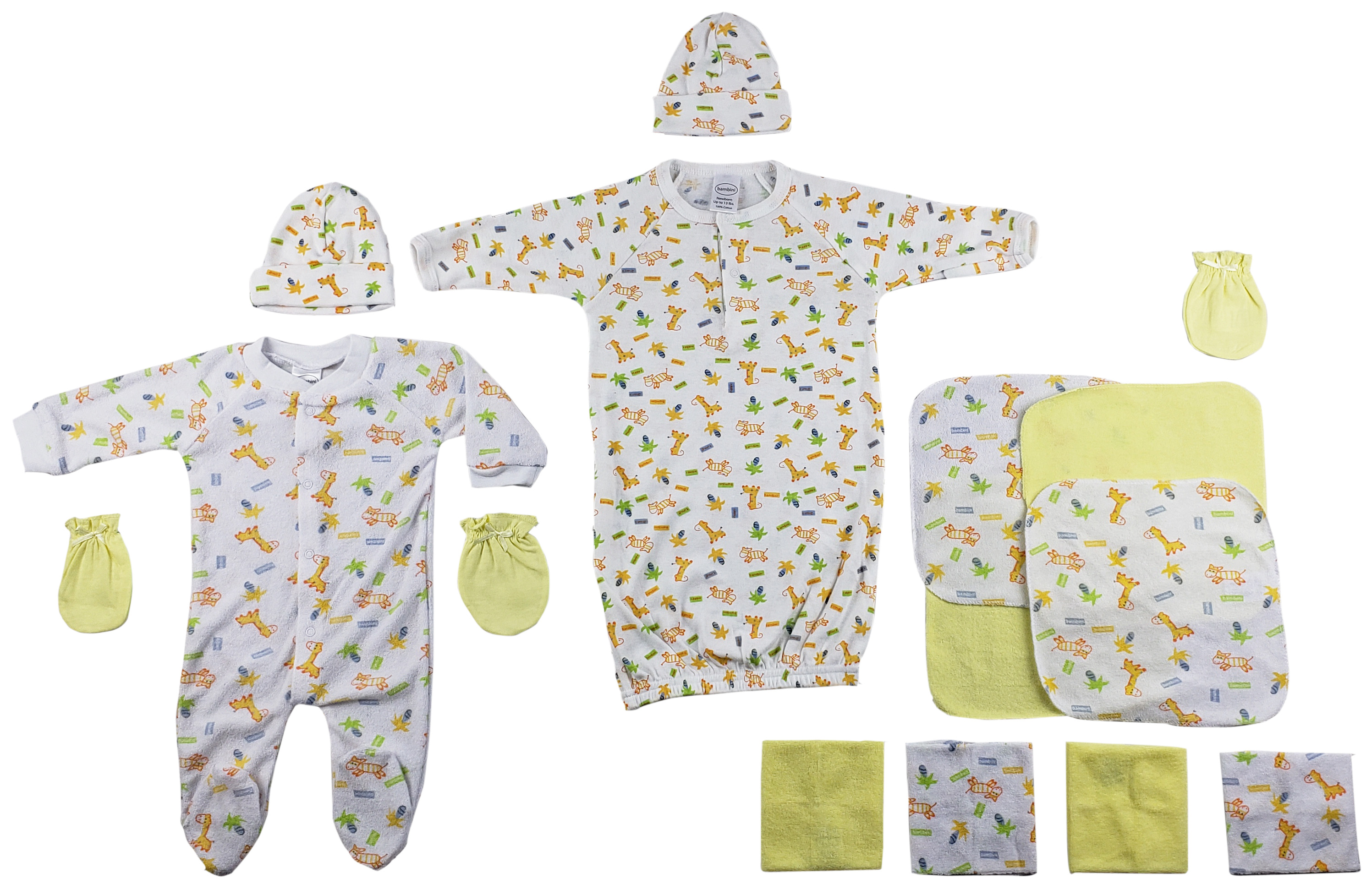 14-piece baby clothing set including sleep-n-play, gown, caps, mittens, and washcloths in soft cotton fabric.