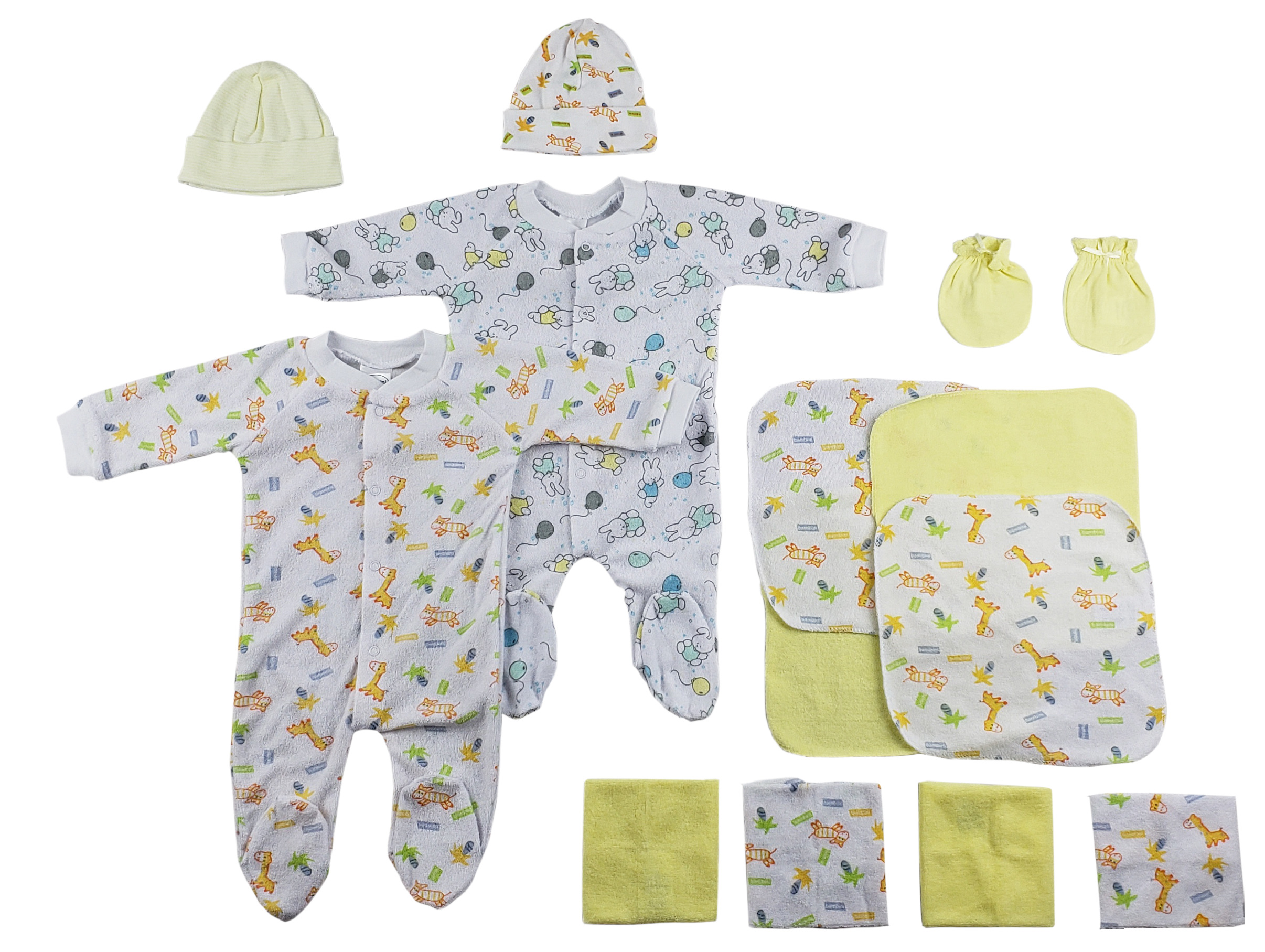 14-piece baby clothing set including sleep-n-plays, caps, mittens, and washcloths in soft cotton fabric, perfect for newborns.