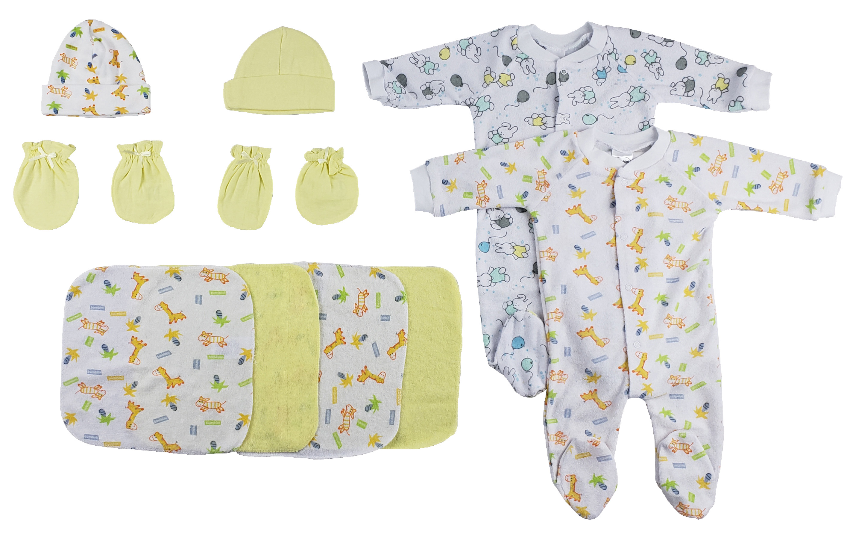 A cozy 9-piece baby set including sleep-n-plays, caps, mittens, and washcloths, all made from soft cotton fabric in cheerful colors.