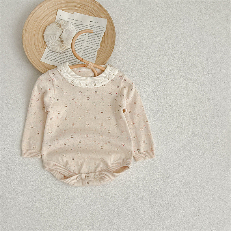 Solid Color Ruffle Neck Hollow Carved Design Onesie in beige for baby girls, showcasing ruffle neck and hollow carved details.
