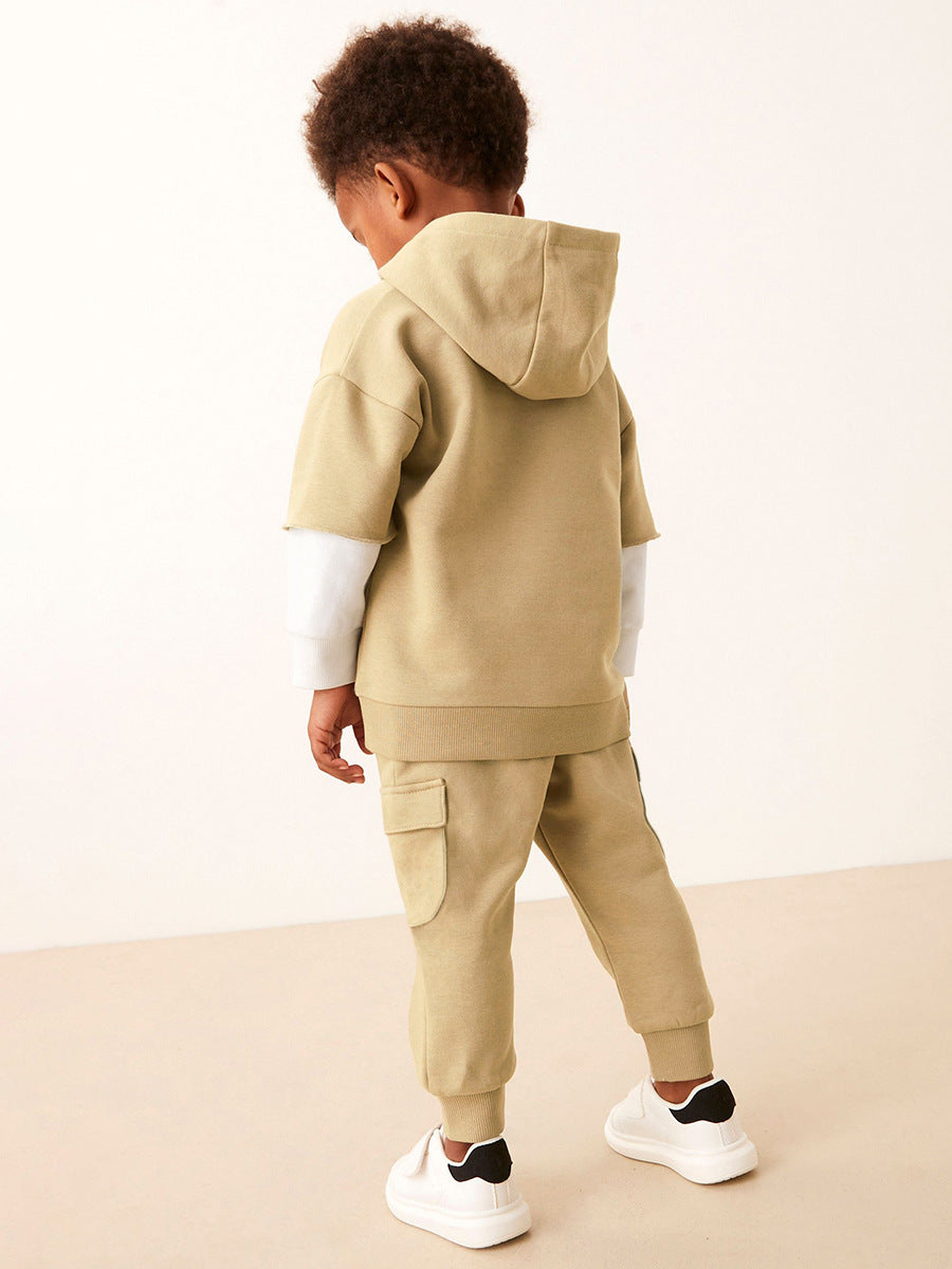 A stylish apricot color patchwork hoodie for boys, featuring long sleeves and a comfortable fit, perfect for spring and autumn wear.