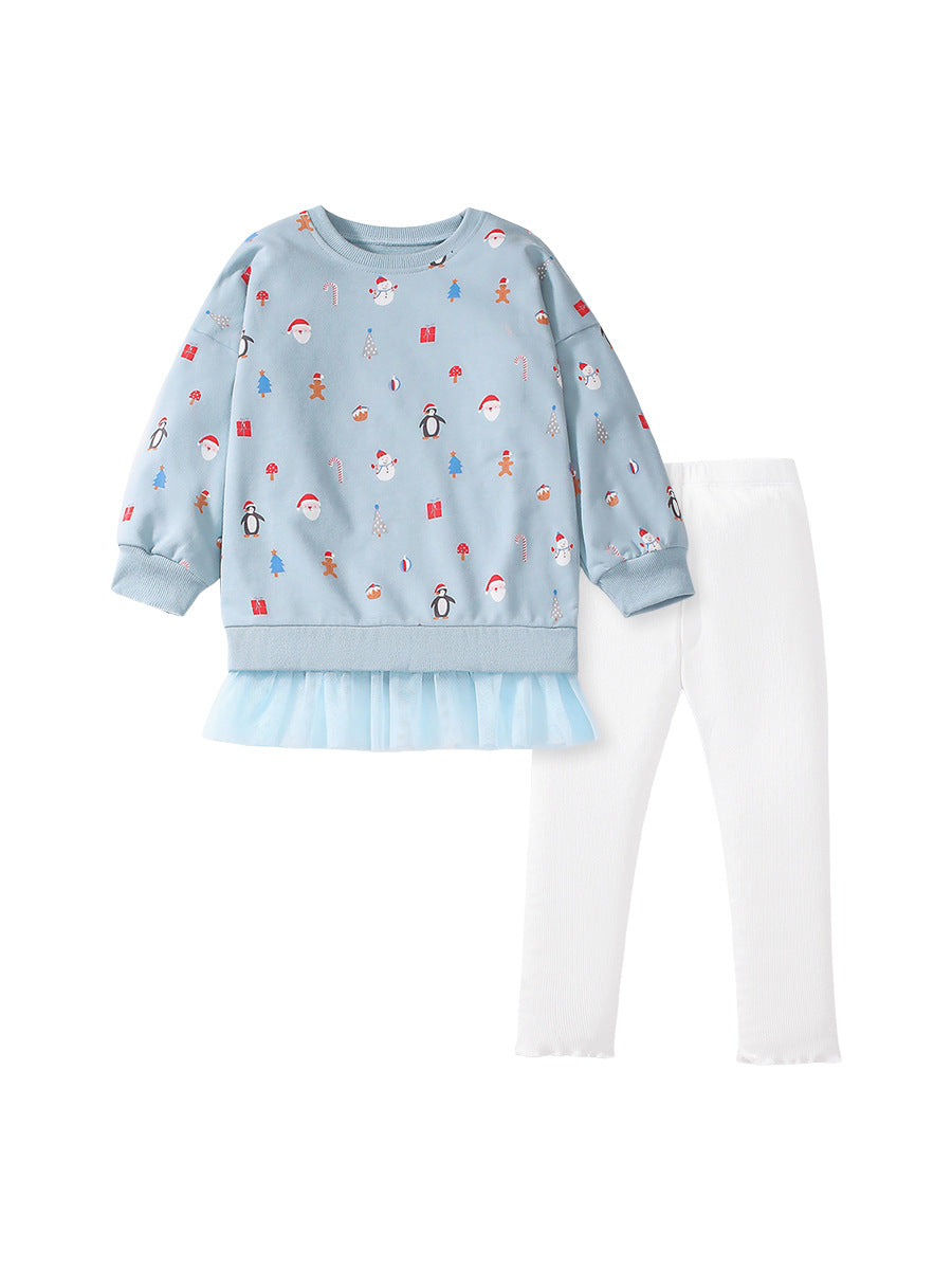 A blue long-sleeved crew for girls featuring a cartoon Christmas pattern, made from soft cotton and polyester blend, perfect for spring and autumn.
