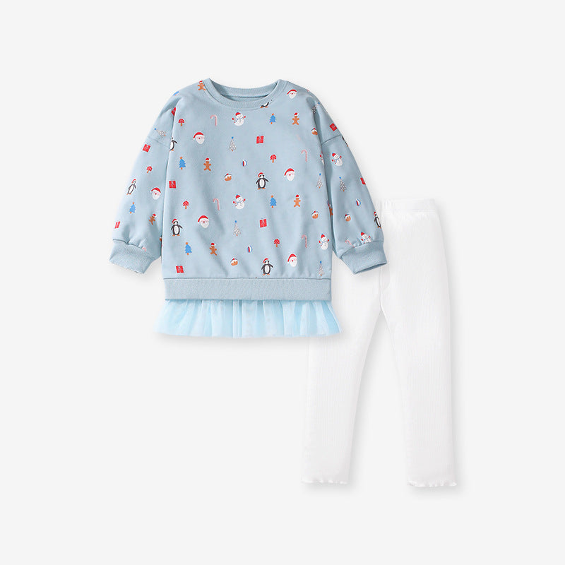 A blue long-sleeved crew for girls featuring a cartoon Christmas pattern, made from soft cotton and polyester blend, perfect for spring and autumn.