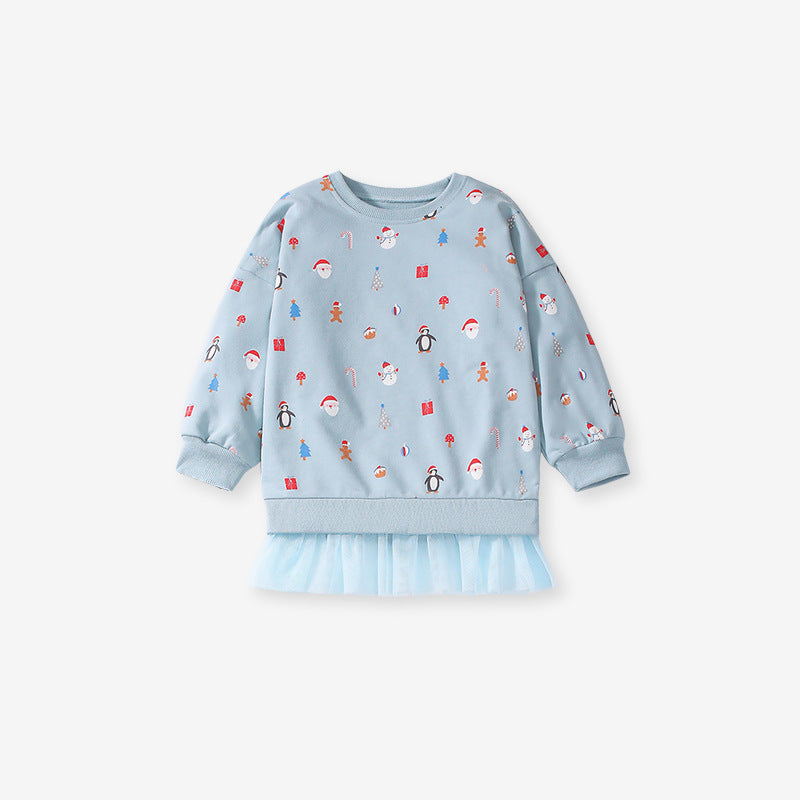 A blue long-sleeved crew for girls featuring a cartoon Christmas pattern, made from soft cotton and polyester blend, perfect for spring and autumn.