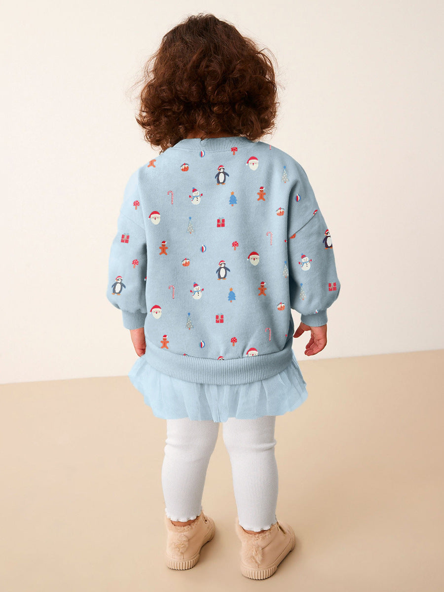 A blue long-sleeved crew for girls featuring a cartoon Christmas pattern, made from soft cotton and polyester blend, perfect for spring and autumn.