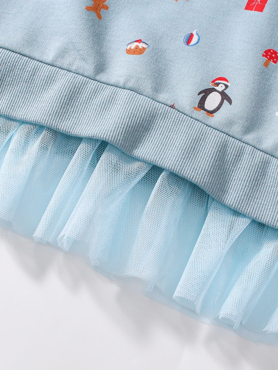 A blue long-sleeved crew for girls featuring a cartoon Christmas pattern, made from soft cotton and polyester blend, perfect for spring and autumn.