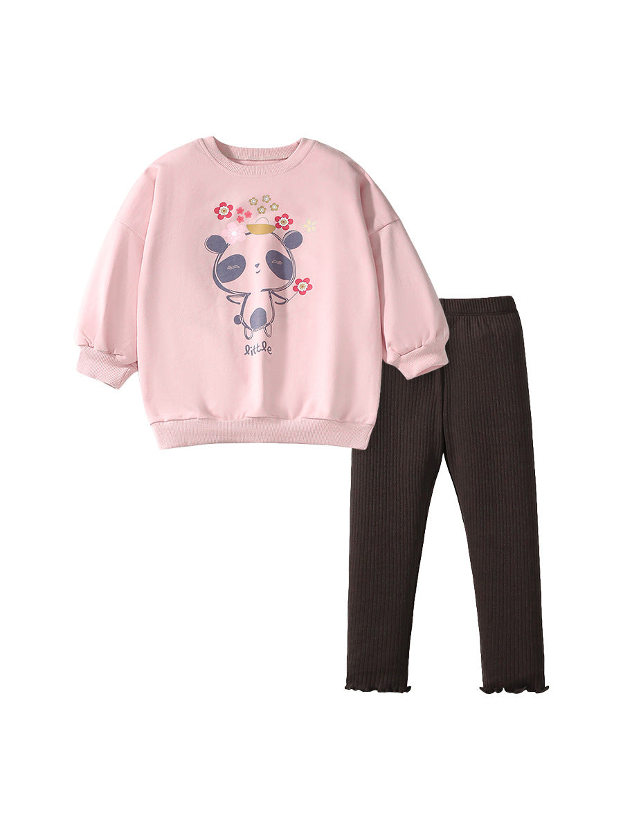 A pink long sleeves top for girls featuring a cute cartoon panda and colorful flowers, perfect for spring and autumn wear.