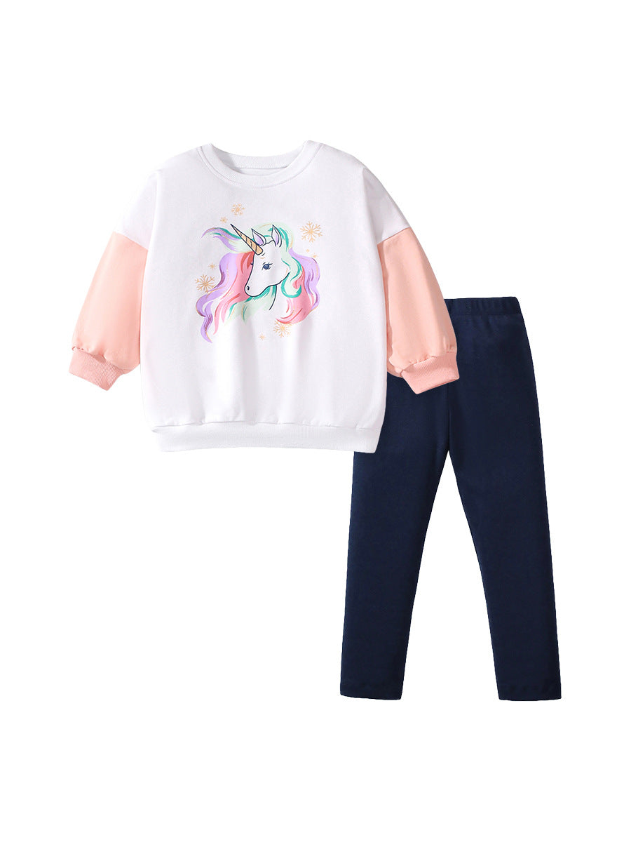 A white long-sleeve crew neck top for girls featuring a colorful cartoon unicorn pattern, perfect for spring and autumn wear.
