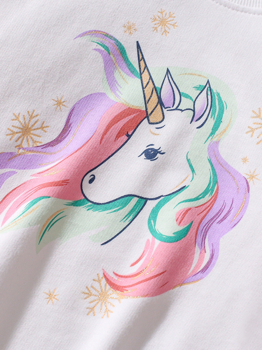 A white long-sleeve crew neck top for girls featuring a colorful cartoon unicorn pattern, perfect for spring and autumn wear.