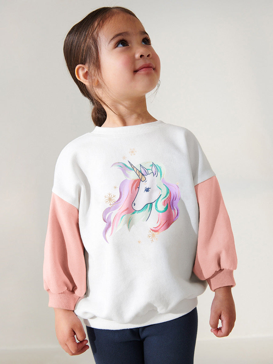 A white long-sleeve crew neck top for girls featuring a colorful cartoon unicorn pattern, perfect for spring and autumn wear.