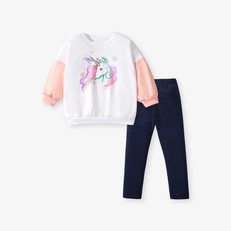 A white long-sleeve crew neck top for girls featuring a colorful cartoon unicorn pattern, perfect for spring and autumn wear.