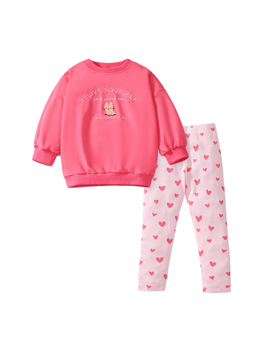 Spring and Autumn Girls outfit featuring cute cartoon and letter embroidery in vibrant pink color.