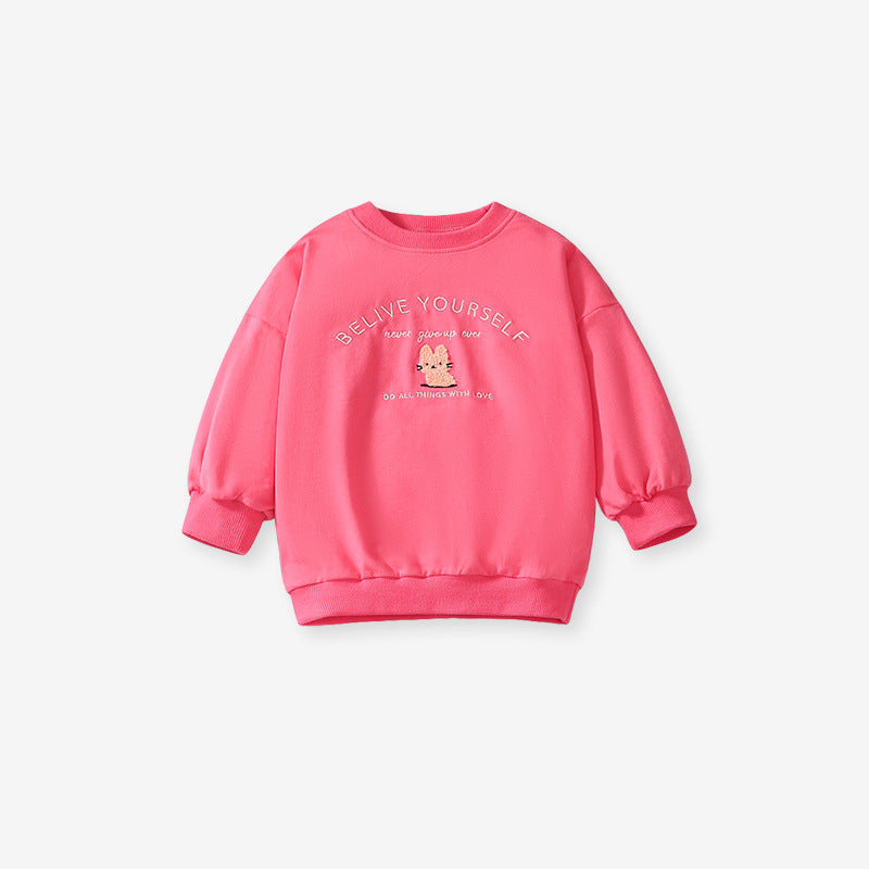 Spring and Autumn Girls outfit featuring cute cartoon and letter embroidery in vibrant pink color.