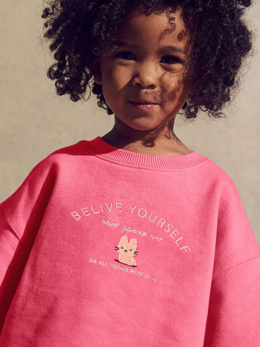 Spring and Autumn Girls outfit featuring cute cartoon and letter embroidery in vibrant pink color.
