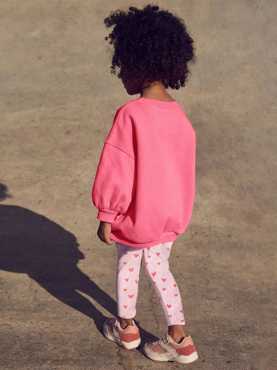 Spring and Autumn Girls outfit featuring cute cartoon and letter embroidery in vibrant pink color.