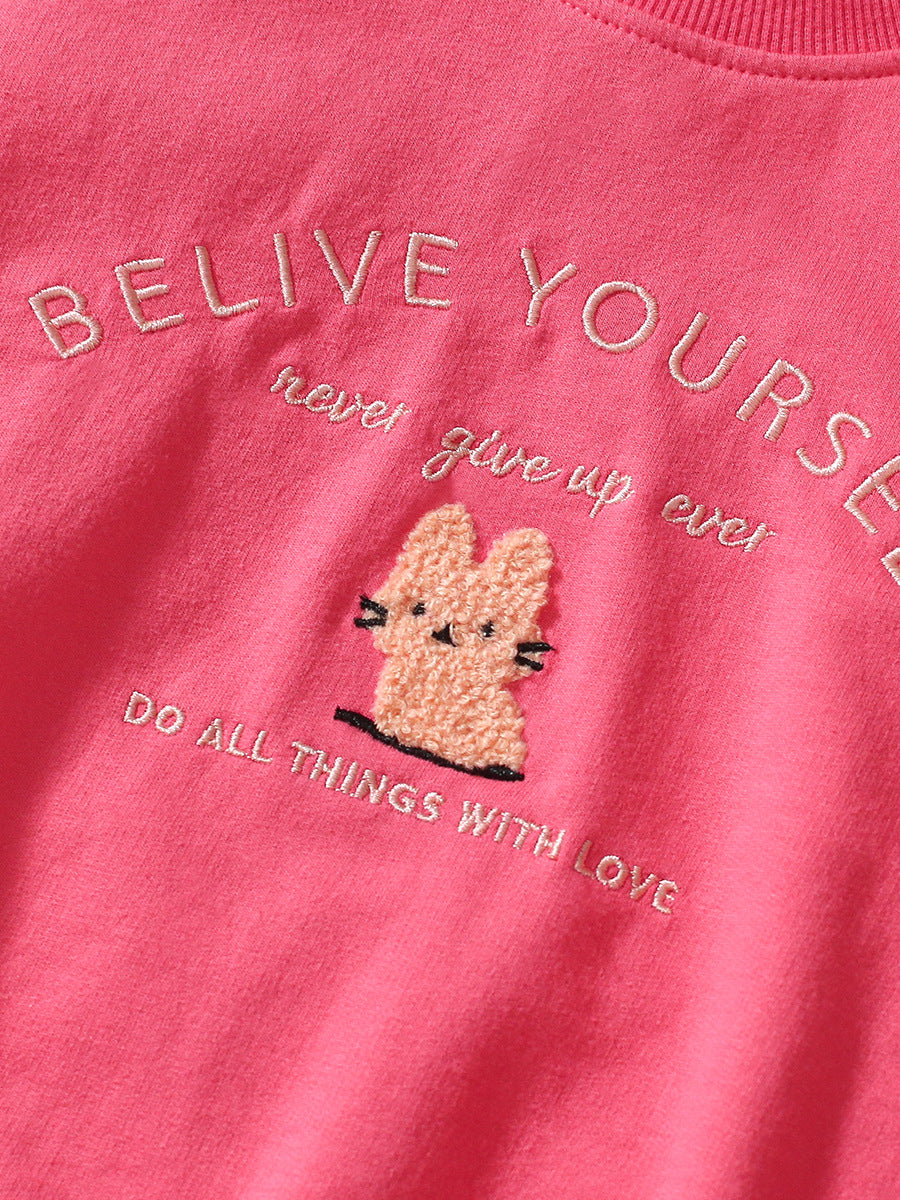 Spring and Autumn Girls outfit featuring cute cartoon and letter embroidery in vibrant pink color.
