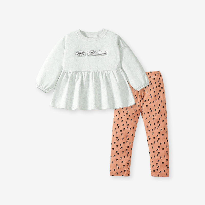 A cute long sleeves top for girls featuring a cartoon dog pattern, made from soft cotton and polyester, perfect for spring and autumn.