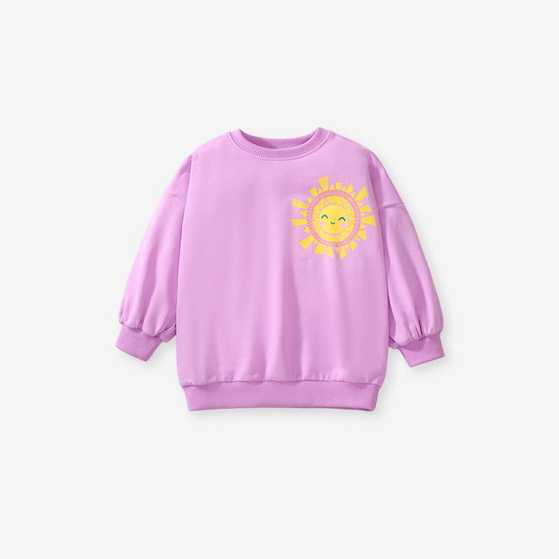Purple sweatshirt for girls featuring a cute cartoon happy sun print, made from soft cotton for comfort in spring and autumn.