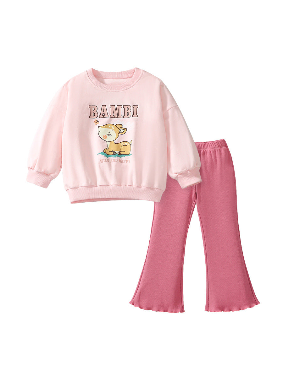 A cute pink sweatshirt featuring a cartoon Bambi print, designed for girls aged 12 months to 10 years, made from cotton and polyester.