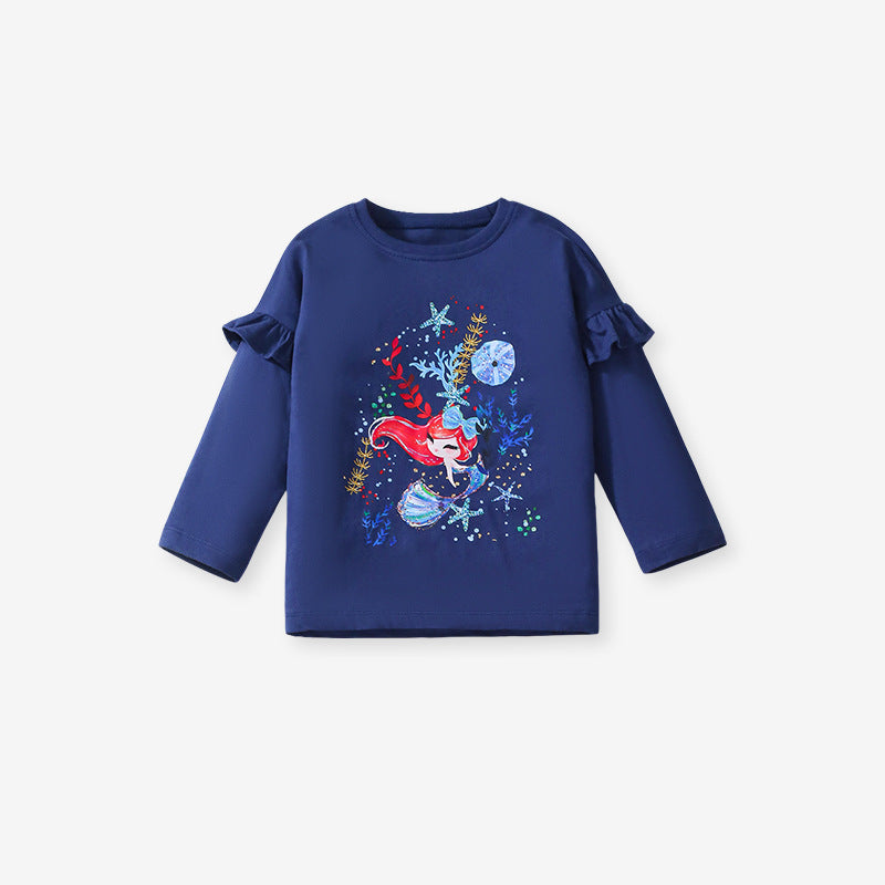 Navy blue long sleeves top for girls featuring a cute cartoon mermaid pattern, perfect for spring and autumn wear.