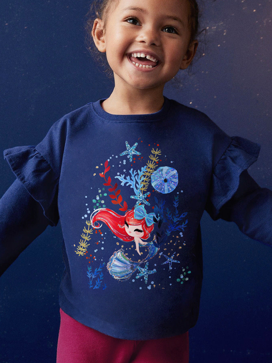 Navy blue long sleeves top for girls featuring a cute cartoon mermaid pattern, perfect for spring and autumn wear.