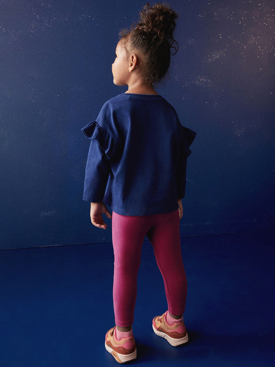 Navy blue long sleeves top for girls featuring a cute cartoon mermaid pattern, perfect for spring and autumn wear.