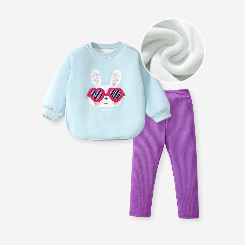 A cute blue long sleeves top for girls featuring a cartoon rabbit pattern, perfect for spring and autumn wear.