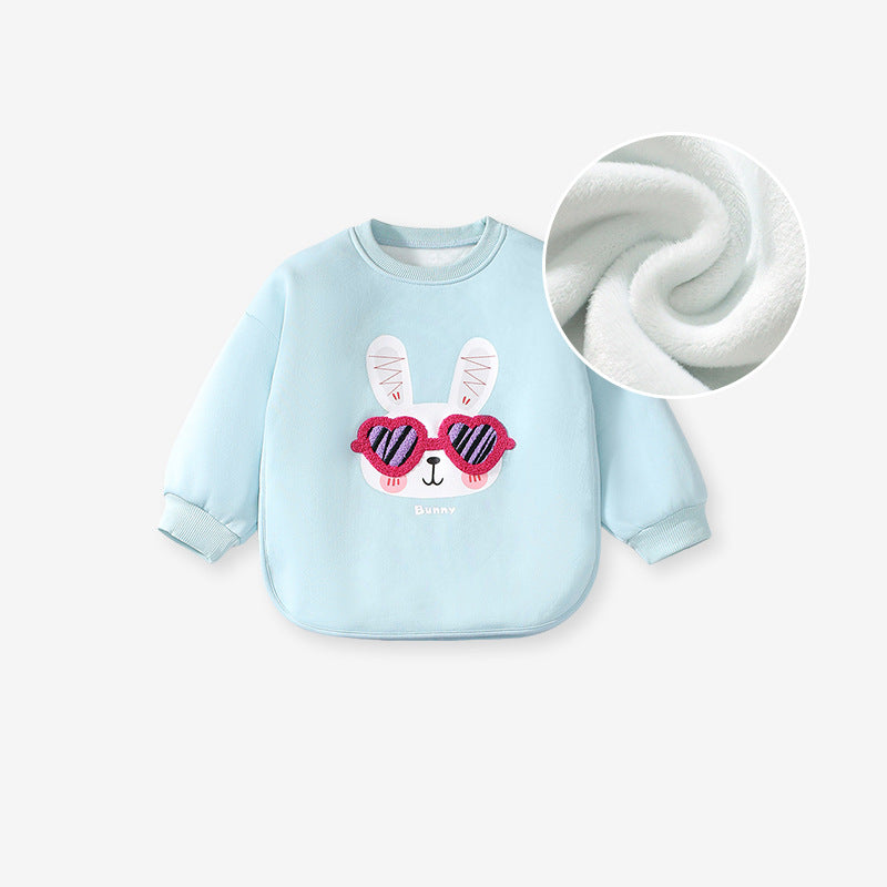 A cute blue long sleeves top for girls featuring a cartoon rabbit pattern, perfect for spring and autumn wear.