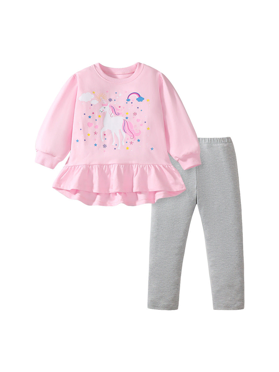 A pink long sleeves top featuring a cute cartoon unicorn pattern, designed for girls aged 12 months to 10 years.