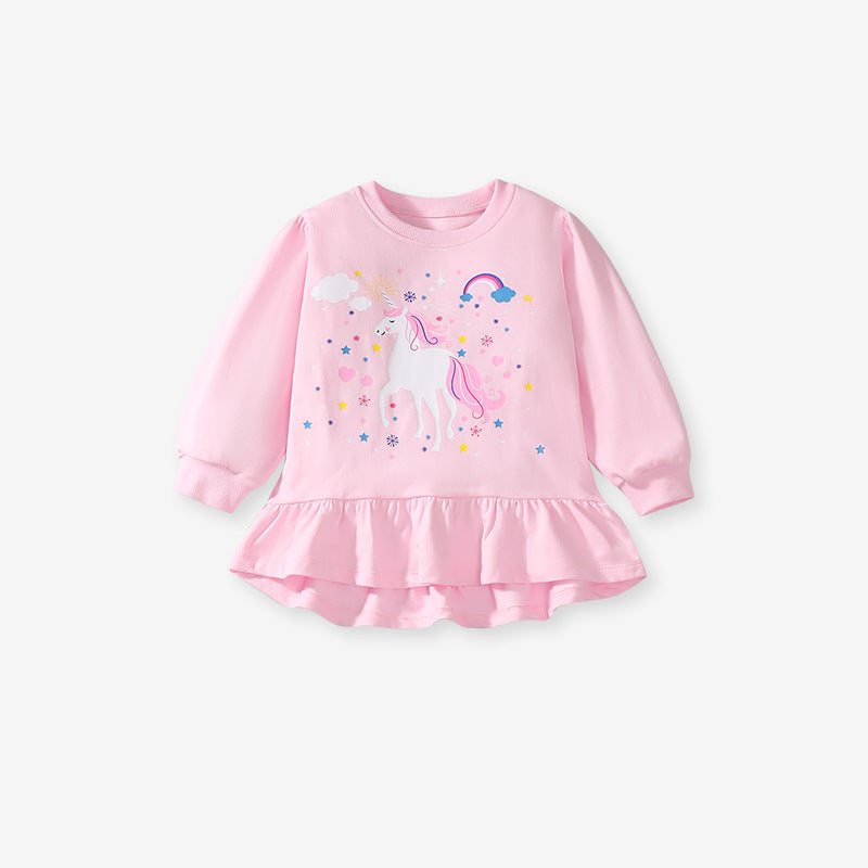 A pink long sleeves top featuring a cute cartoon unicorn pattern, designed for girls aged 12 months to 10 years.