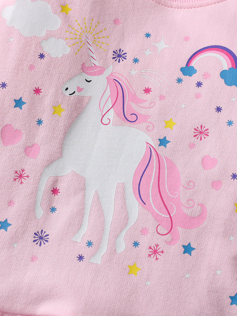A pink long sleeves top featuring a cute cartoon unicorn pattern, designed for girls aged 12 months to 10 years.