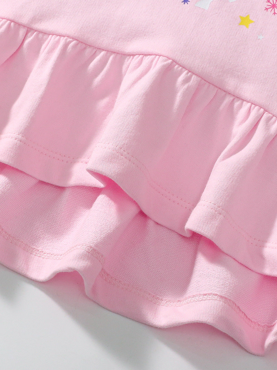 A pink long sleeves top featuring a cute cartoon unicorn pattern, designed for girls aged 12 months to 10 years.