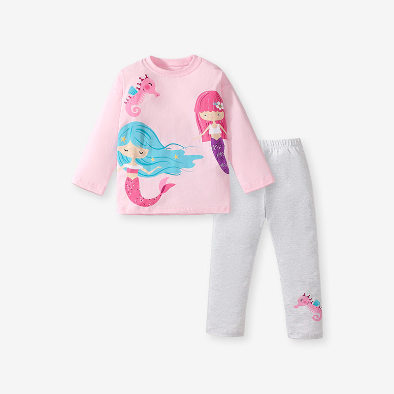 A cute pink long dress for girls featuring a mermaid princess cartoon print, perfect for spring and autumn wear.