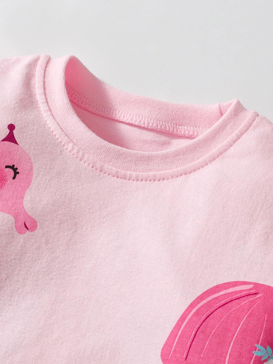 A cute pink long dress for girls featuring a mermaid princess cartoon print, perfect for spring and autumn wear.