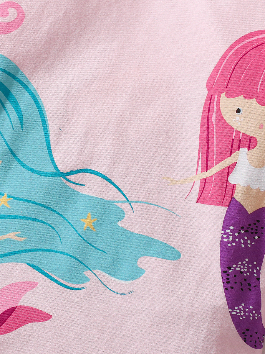 A cute pink long dress for girls featuring a mermaid princess cartoon print, perfect for spring and autumn wear.