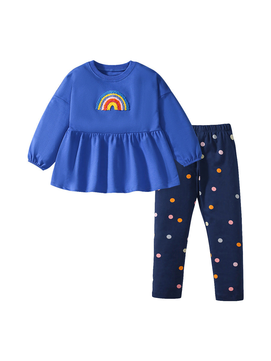 A blue long-sleeve top for girls featuring a cute rainbow embroidery pattern, perfect for spring and autumn wear.