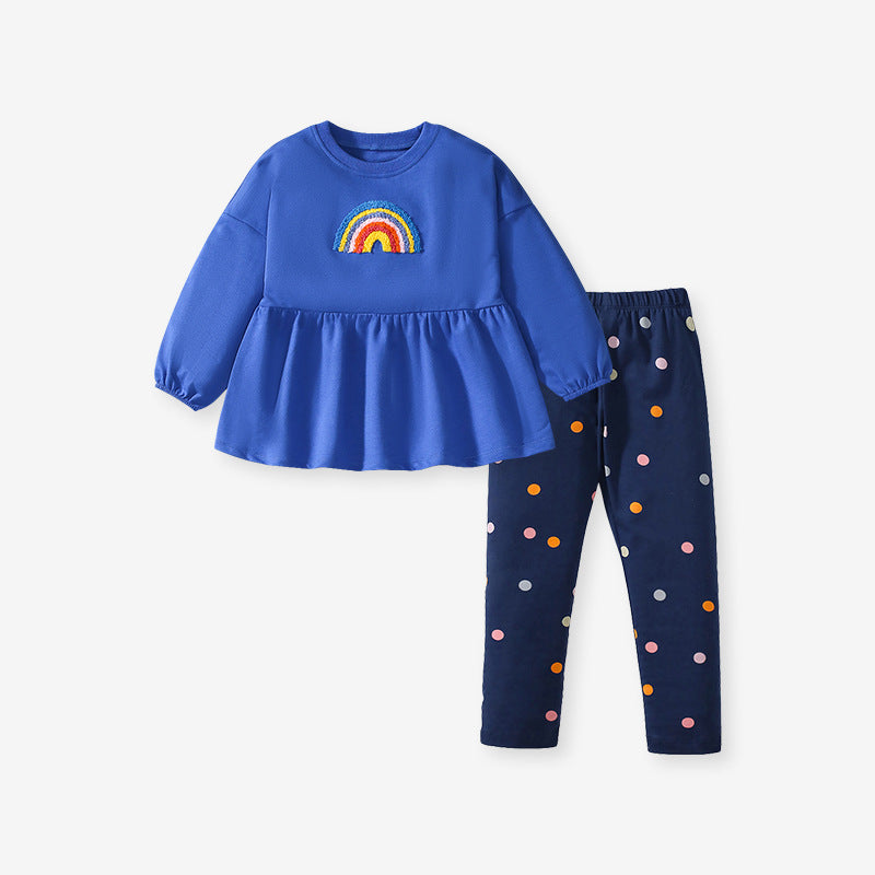 A blue long-sleeve top for girls featuring a cute rainbow embroidery pattern, perfect for spring and autumn wear.