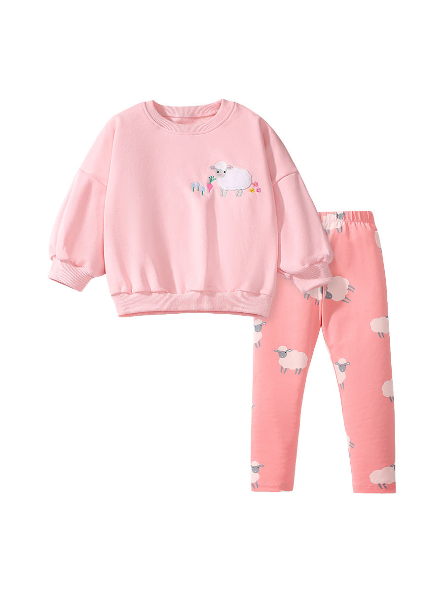 A pink long sleeves top for girls featuring a cute sheep cartoon pattern, made from cotton and polyester, perfect for spring and autumn.