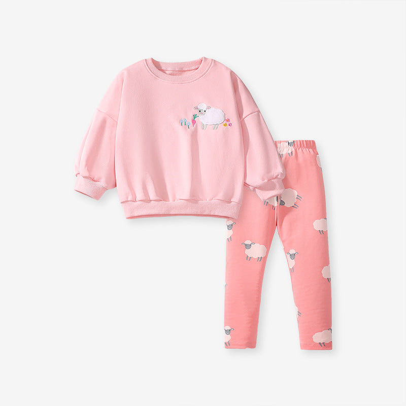 A pink long sleeves top for girls featuring a cute sheep cartoon pattern, made from cotton and polyester, perfect for spring and autumn.